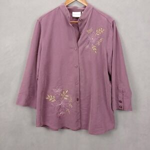 Alfred Dunner Shirt Womens 16 Purple Floral Embellished Casual Button Up Modern